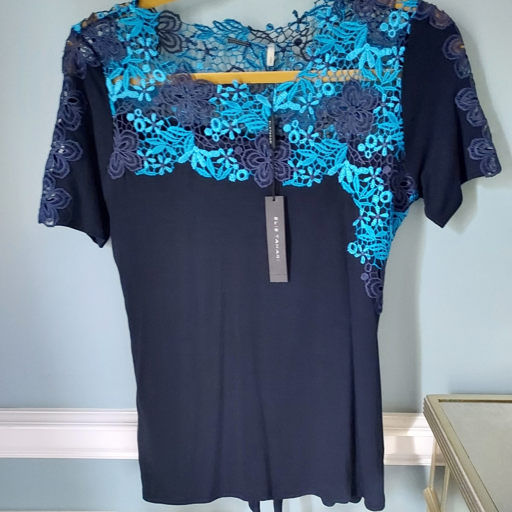 Elie Tahari Navy and Turquoise Lace Blouse
